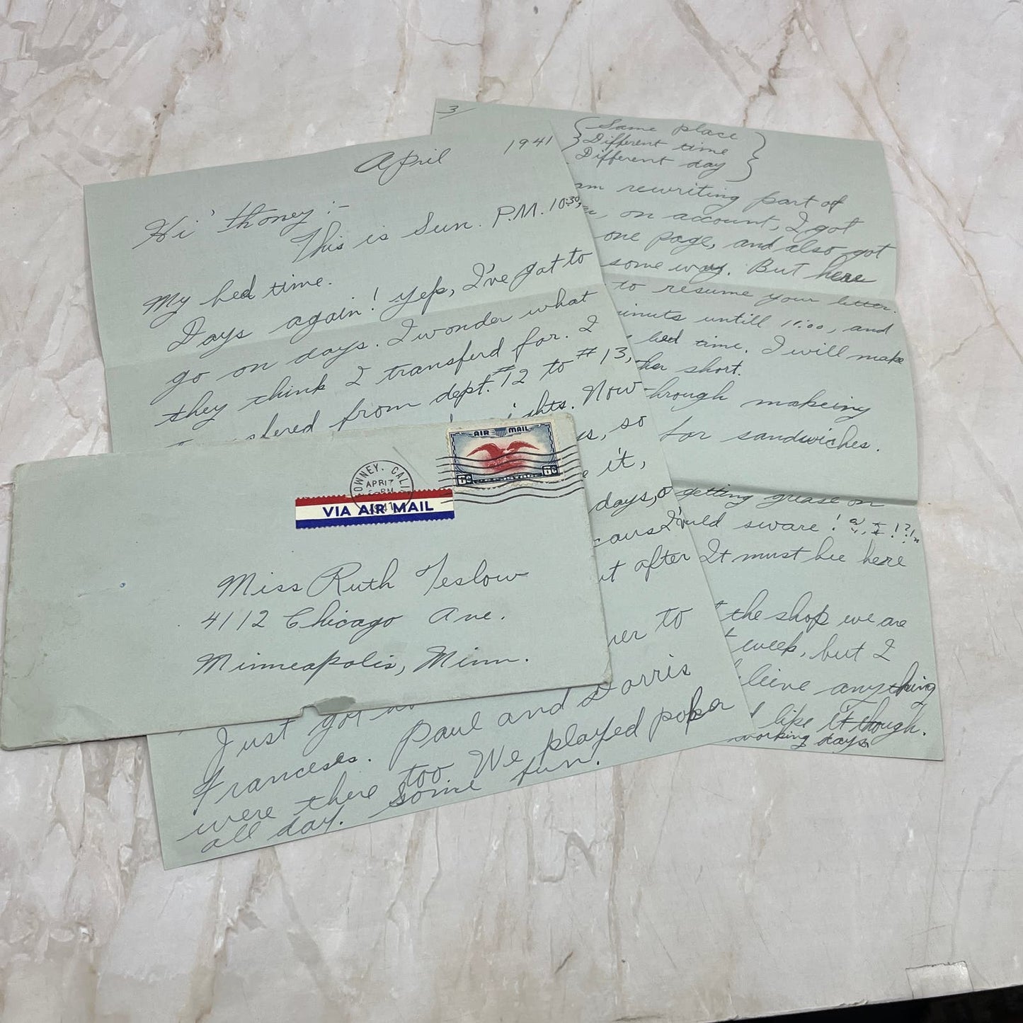 1941 Handwritten Letter From Downey CA to Minneapolis MN Ruth Teslow AE3