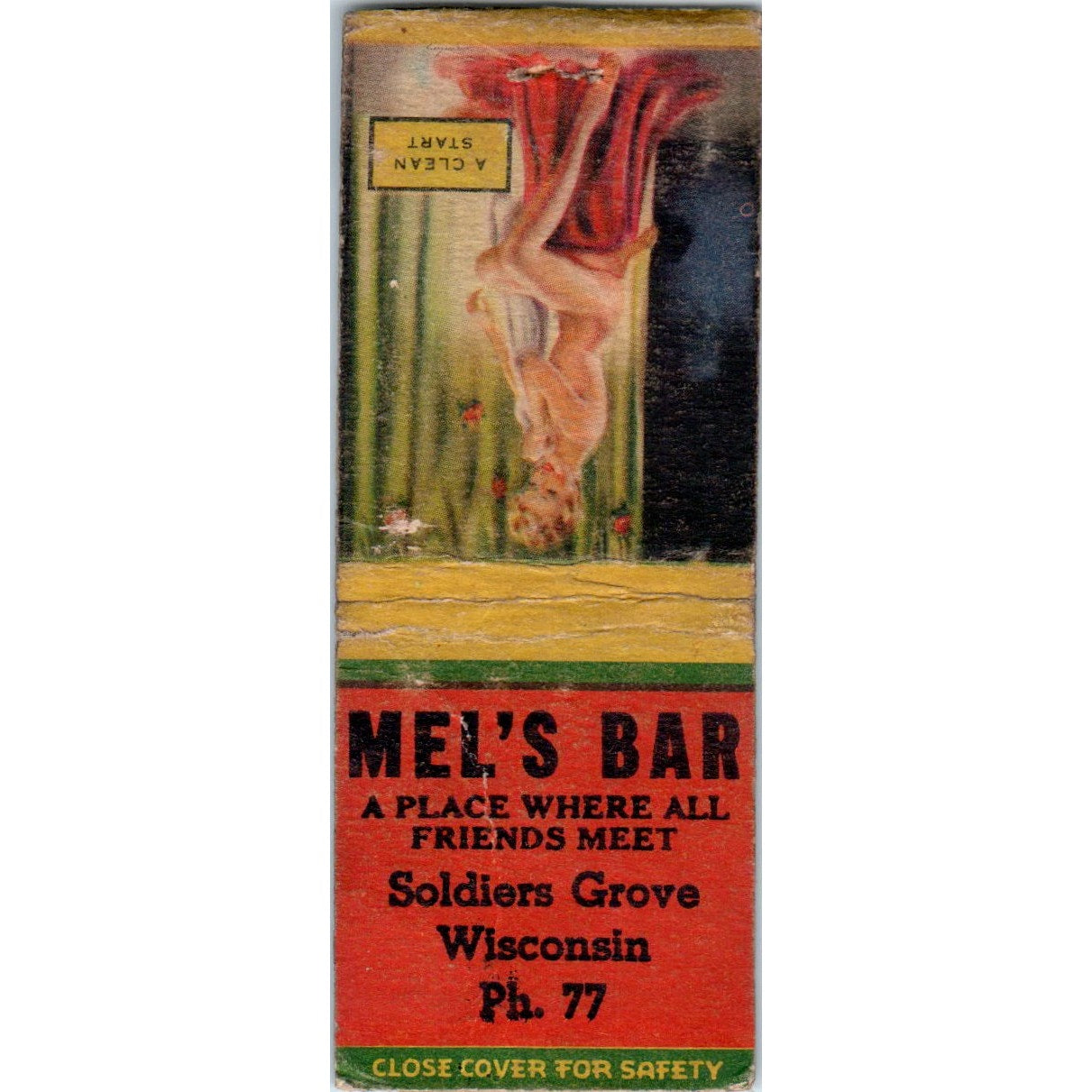 Mel's Bar Soldiers Grove Wisconsin Pinup Vintage Matchbook Cover SD2-Y2