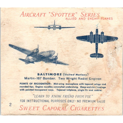 1940-1941 Sweet Caporal Cigarette Card - Baltimore Martin-187 Bomber #2 D21