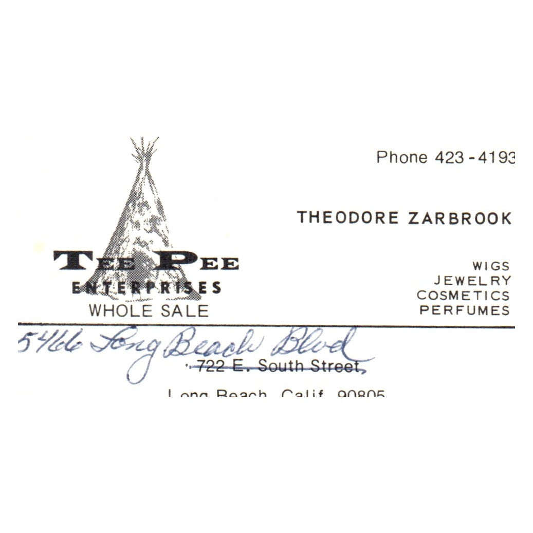 Vintage Tee Pee Enterprises Theodore Zarbrook Long Beach CA Business Card SF3-B1