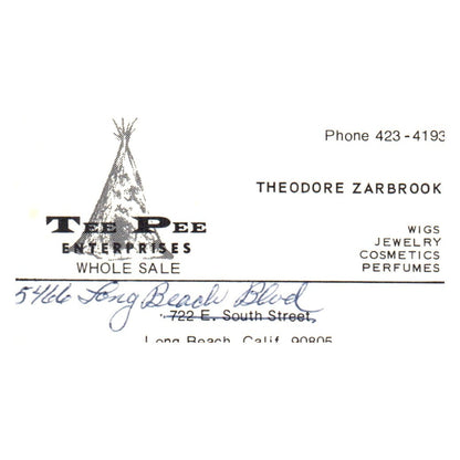 Vintage Tee Pee Enterprises Theodore Zarbrook Long Beach CA Business Card SF3-B1