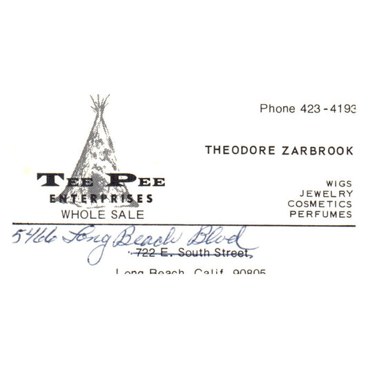 Vintage Tee Pee Enterprises Theodore Zarbrook Long Beach CA Business Card SF3-B1