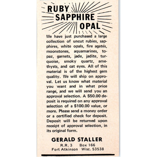 Ruby Sapphire Opal Gerald Staller Fort Atkinson WI 1971 Magazine Ad AD8-R9