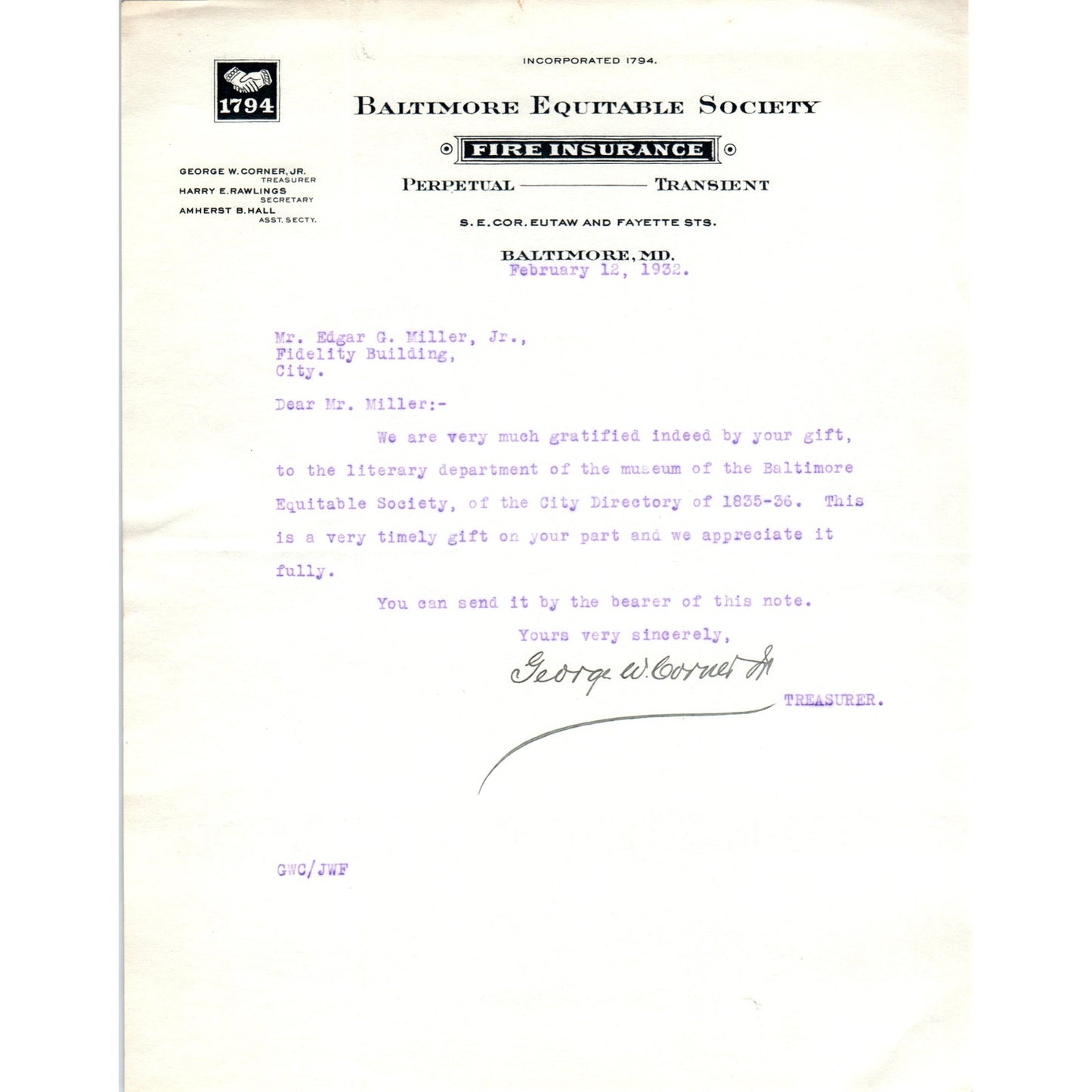 1932 Baltimore Equitable Society Letterhead Memo George W. Corner Jr. D21