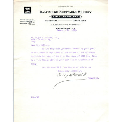 1932 Baltimore Equitable Society Letterhead Memo George W. Corner Jr. D21