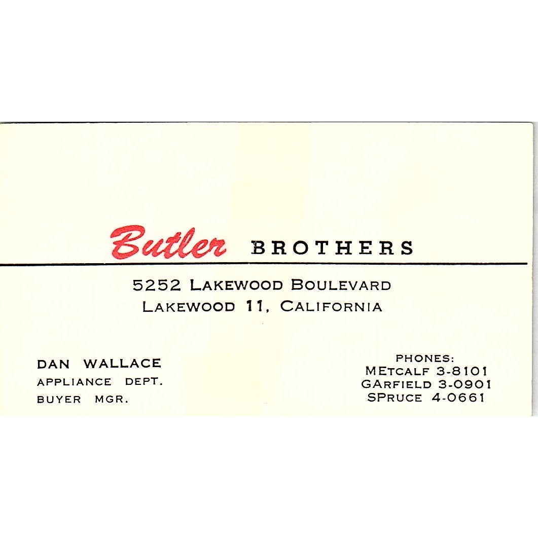 Butler Brothers Dan Wallace Lakewood CA Vintage Business Card SB4-B8