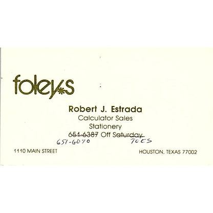 Foleys Robert J Estrada Calculator Sales Houston TX Vintage Business Card SB4-B8