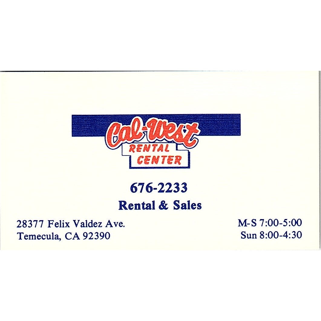 Cal-West Rental Center Temecula CA Vintage Business Card SC9-B10