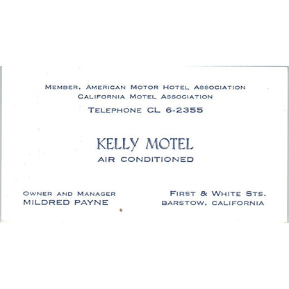 Kelly Motel Mildred Payne Barstow CA Vintage Business Card SD8-B22