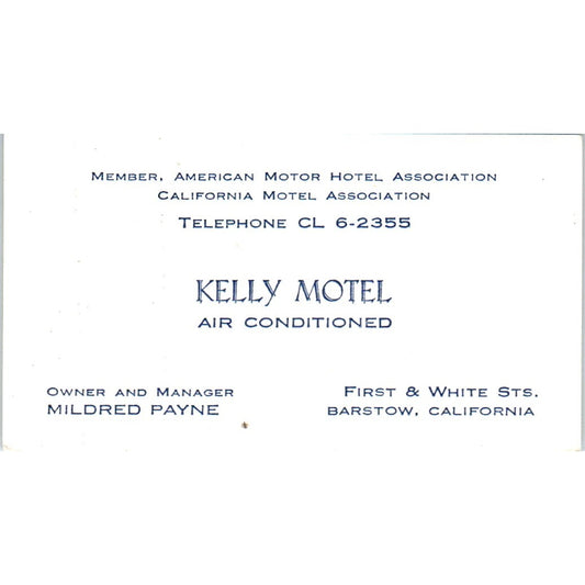 Kelly Motel Mildred Payne Barstow CA Vintage Business Card SD8-B22
