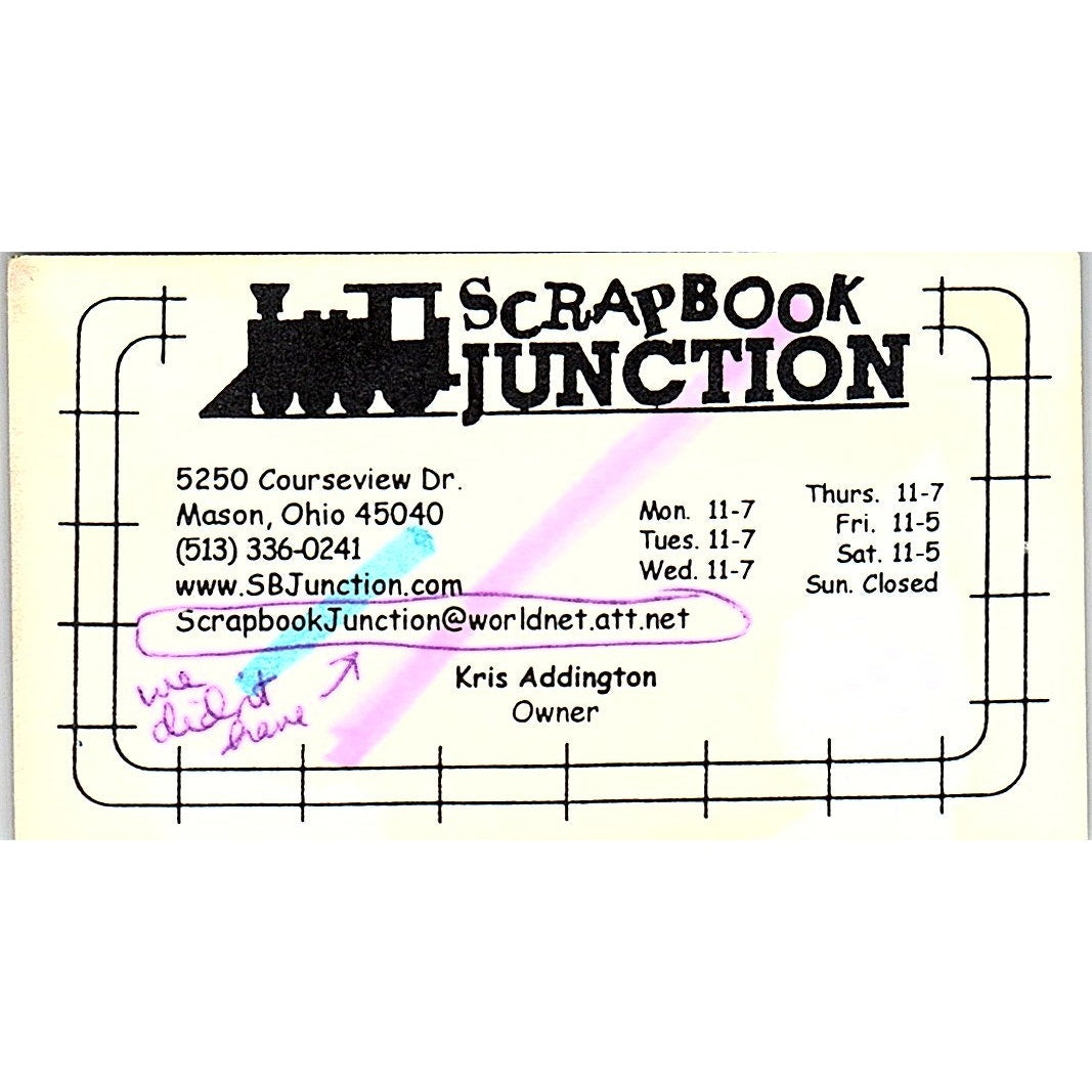 Scrapbook Junction Kris Addington Mason Ohio Vintage Business Card SC9-B8