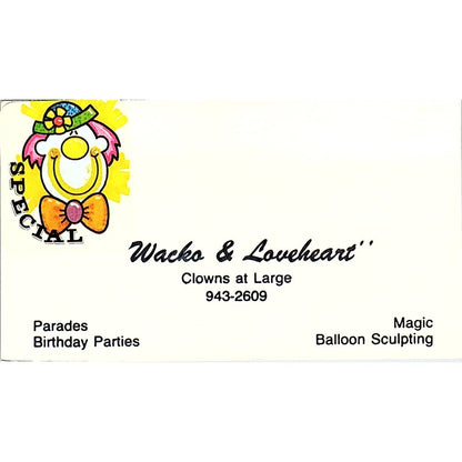 Wacko & Loveheart Clowns at Large Vintage Business Card SD9-B14