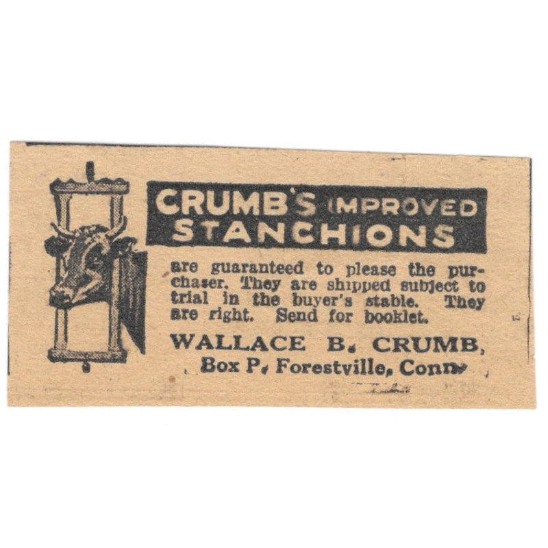 Wallace B. Crumb Improved Stanchions Forestville CT 1922 Magazine Ad AF2-T7