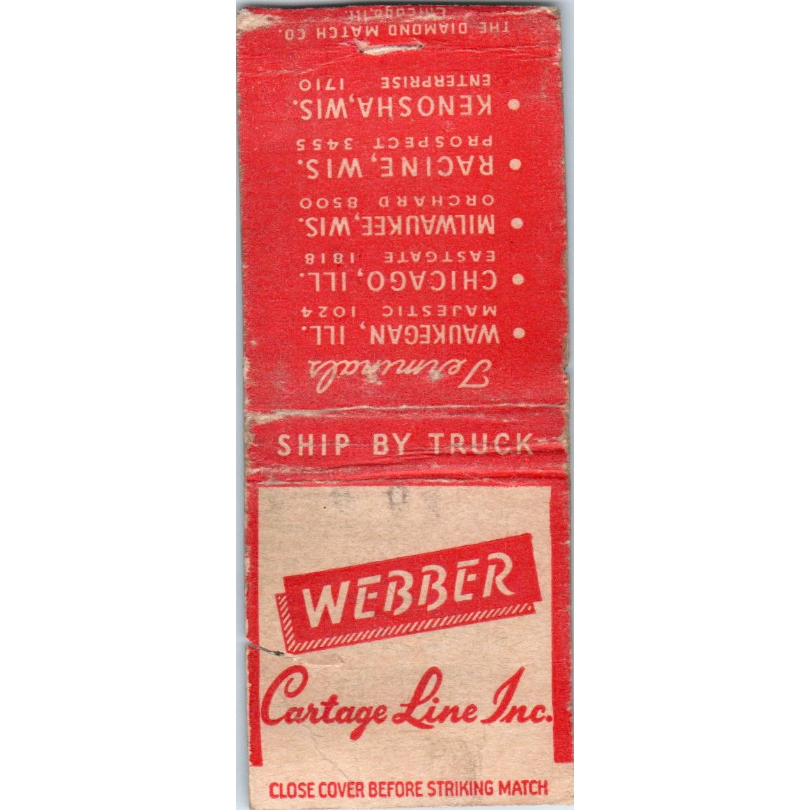 Webber Cartage Line Inc Wisconsin Illinois Vintage Matchbook Cover SF4-Y3