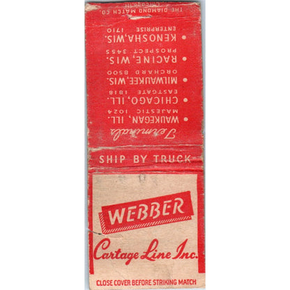 Webber Cartage Line Inc Wisconsin Illinois Vintage Matchbook Cover SF4-Y3