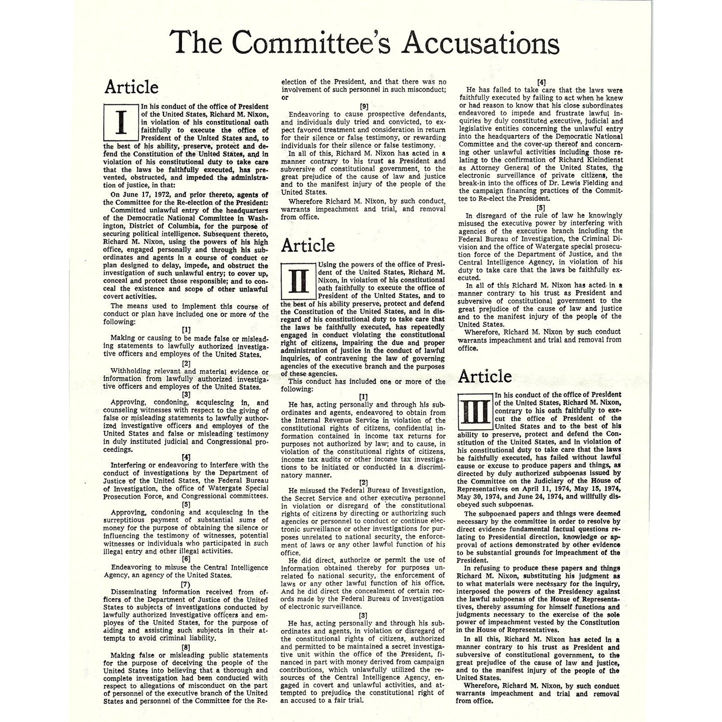 1974 President Nixon and The Articles of Impeachment Watergate Leaflet AF3-10