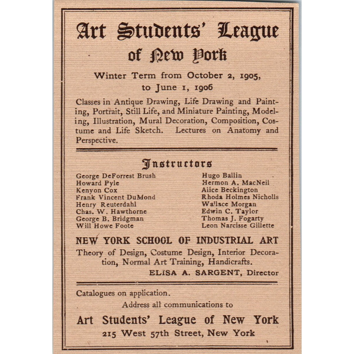 Art Students' League of New York Elisa A. Sargent 1906 Victorian Ad AB8-MA4