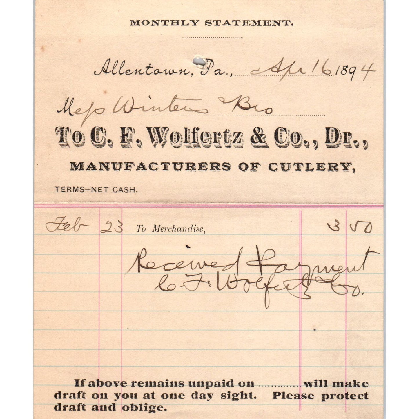 1894 C.F. Wolfertz & Co Cutlery Allentown PA Original Billhead Receipt AE7