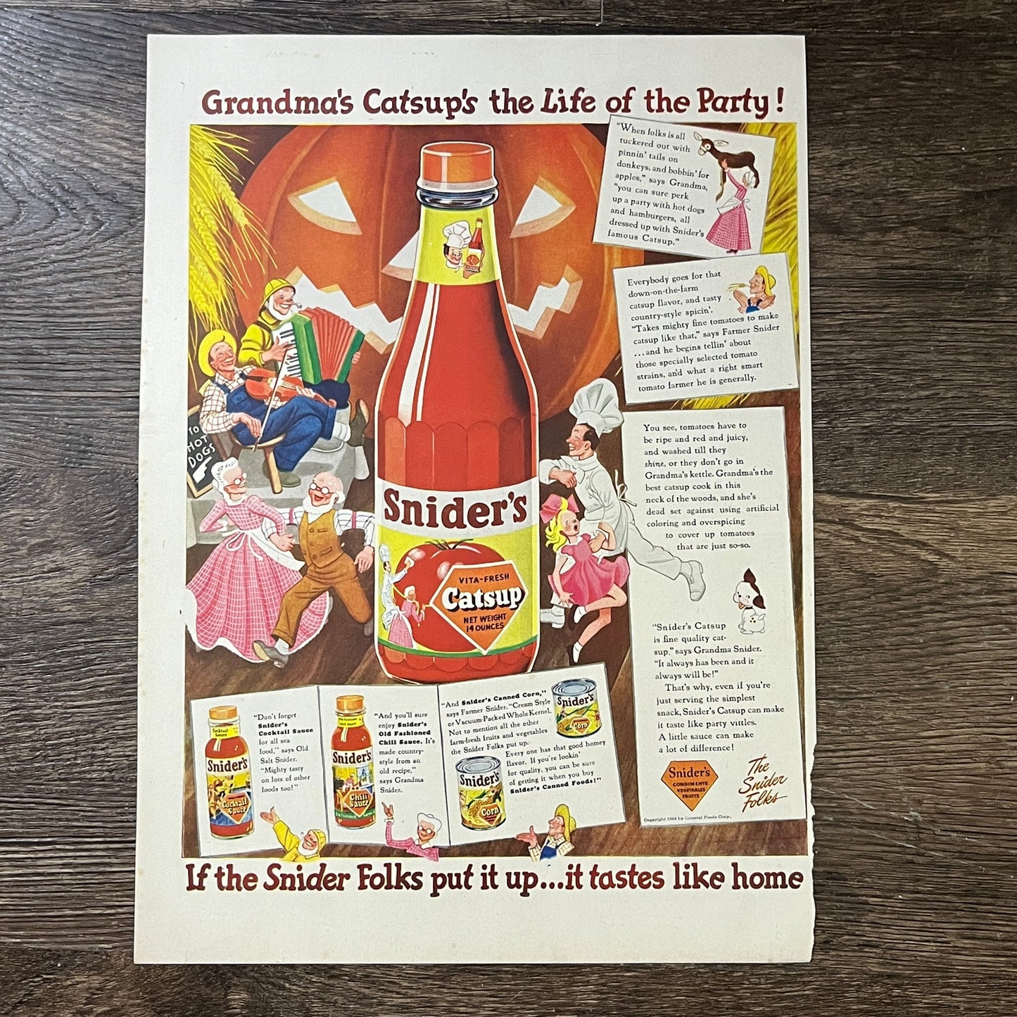 1944 Snider's Condiments Catsup Cocktail Sauce Vittles General Foods Ad 10x13 V3