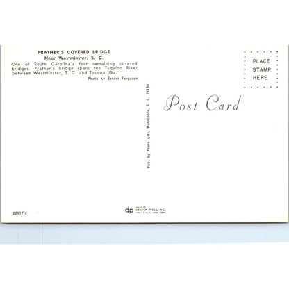 Westminster S.C. Tugaloo river Prather's Covered Bridge Postcard PB10