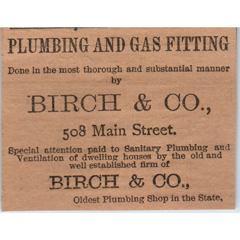 Birch & Co Plumbing and Gas Fitting Main St Hartford 1886 Newspaper Ad AF7-E5