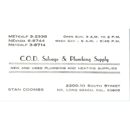 C.O.D. Salvage & Plumbing Supply Stan Coombs Long Beach CA Business Card SD4-B1