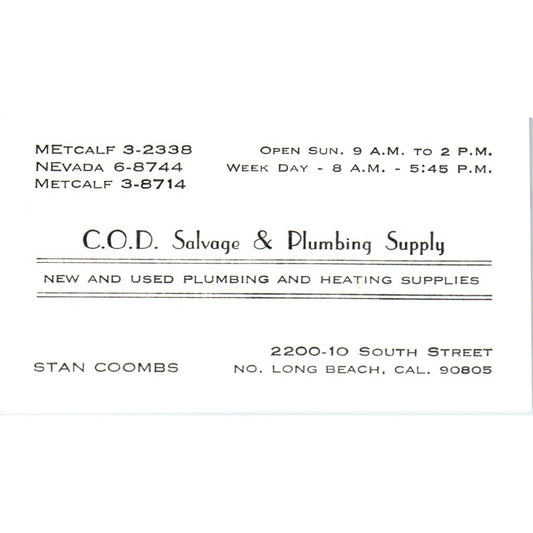 C.O.D. Salvage & Plumbing Supply Stan Coombs Long Beach CA Business Card SD4-B1