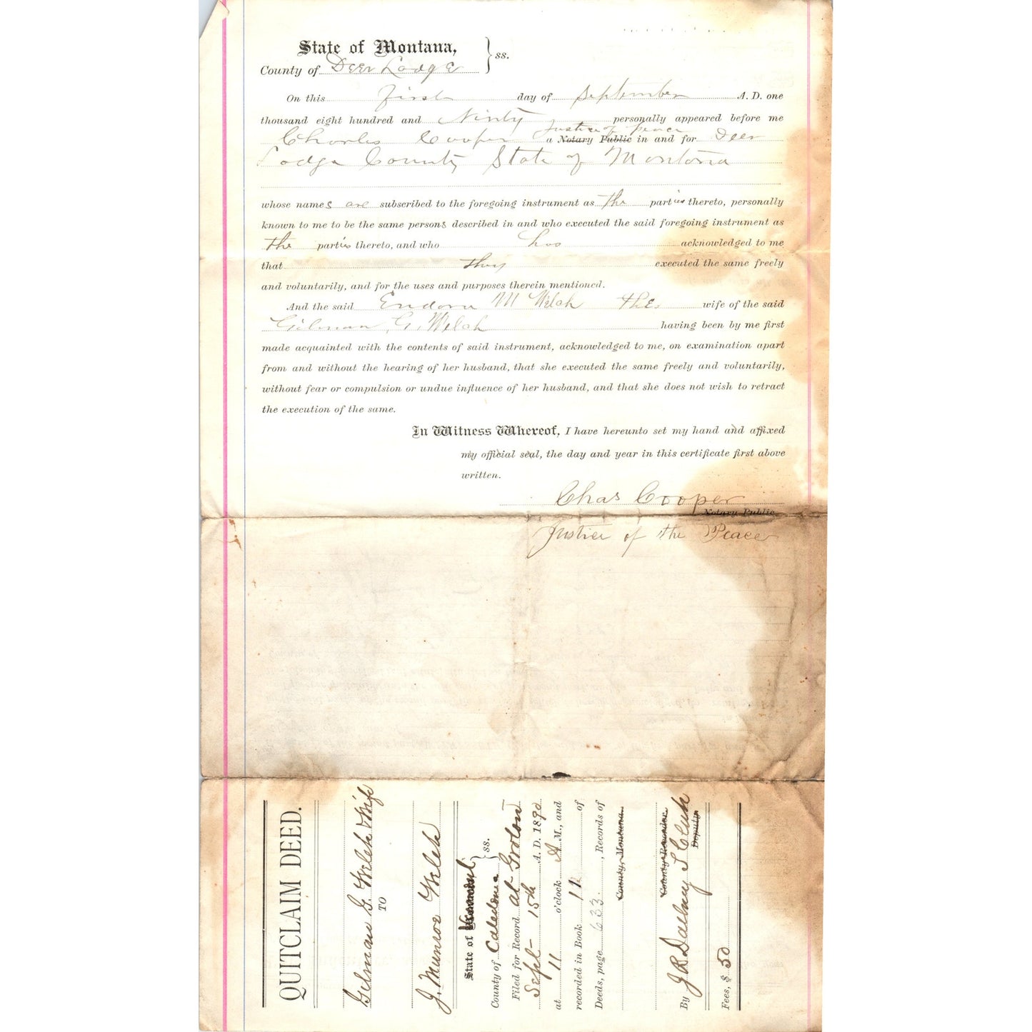 1890 Deer Lodge Montana Quitclaim Deed Gilman G. Welch AF7-E6