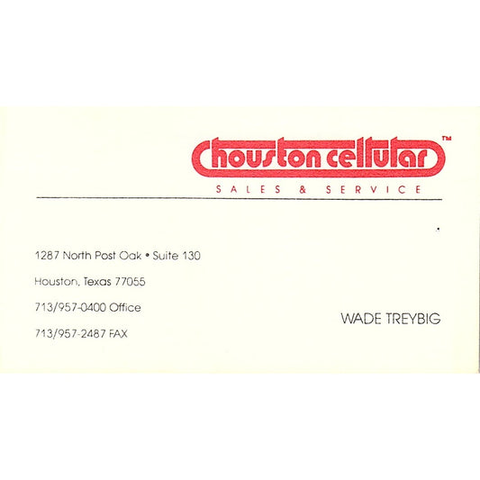 Houston Cellular Sales Wade Treybig Houston TX Vintage Business Card SC9-B10
