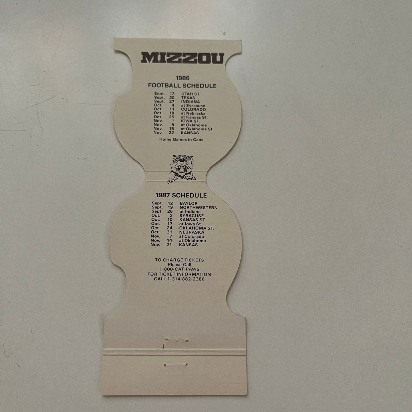 Mizzou Fighting Tigers Football 1986-87 Schedule Vintage Matchbook Cover MM6-6
