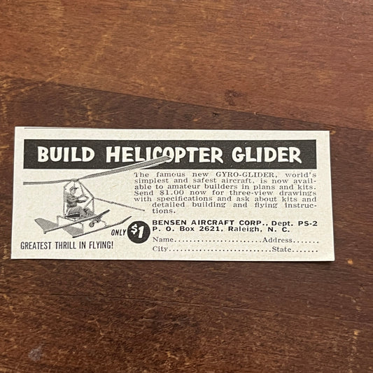 Build a Helicopter Glider - Benson Aircraft Corp Raleigh NC 1955 Ad AF9-S2