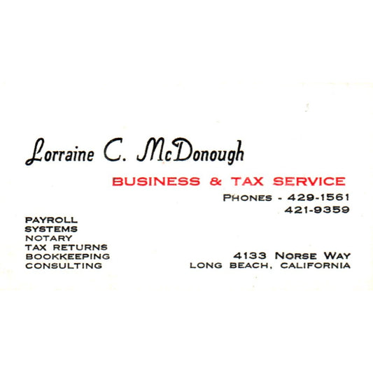 Lorraine C. McDonough Tax Service Long Beach CA Vintage Business Card SD8-B11