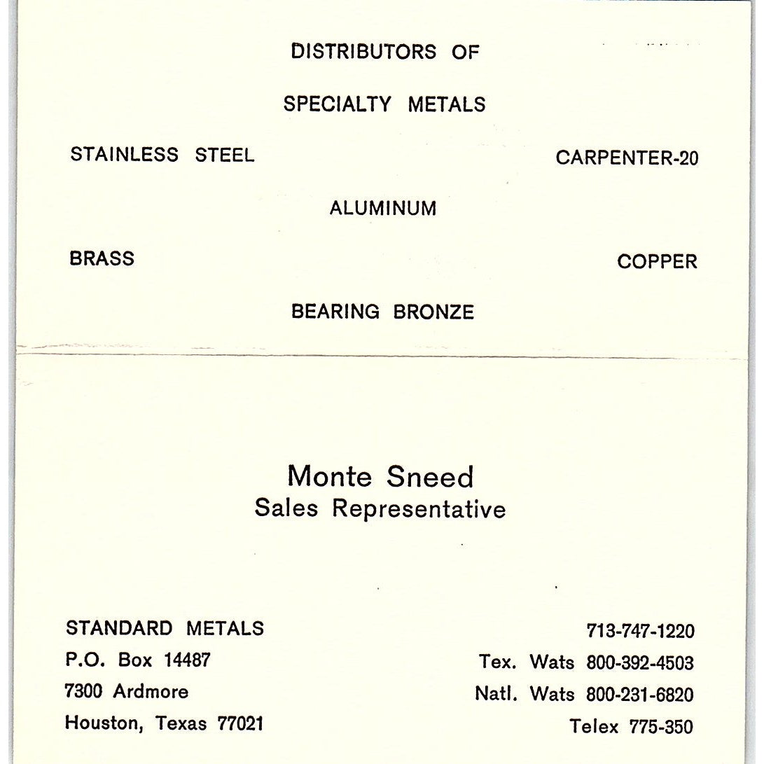 Monte Sneed Standard Metals Houston Vintage Business Card SE5-B1