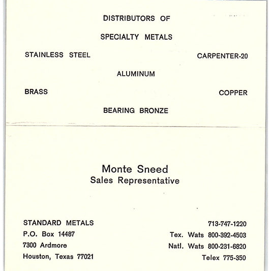Monte Sneed Standard Metals Houston Vintage Business Card SE5-B1