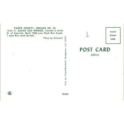 Zacke Cox Bridge Parke County IN No 20 Vintage Covered Bridge Postcard PD1