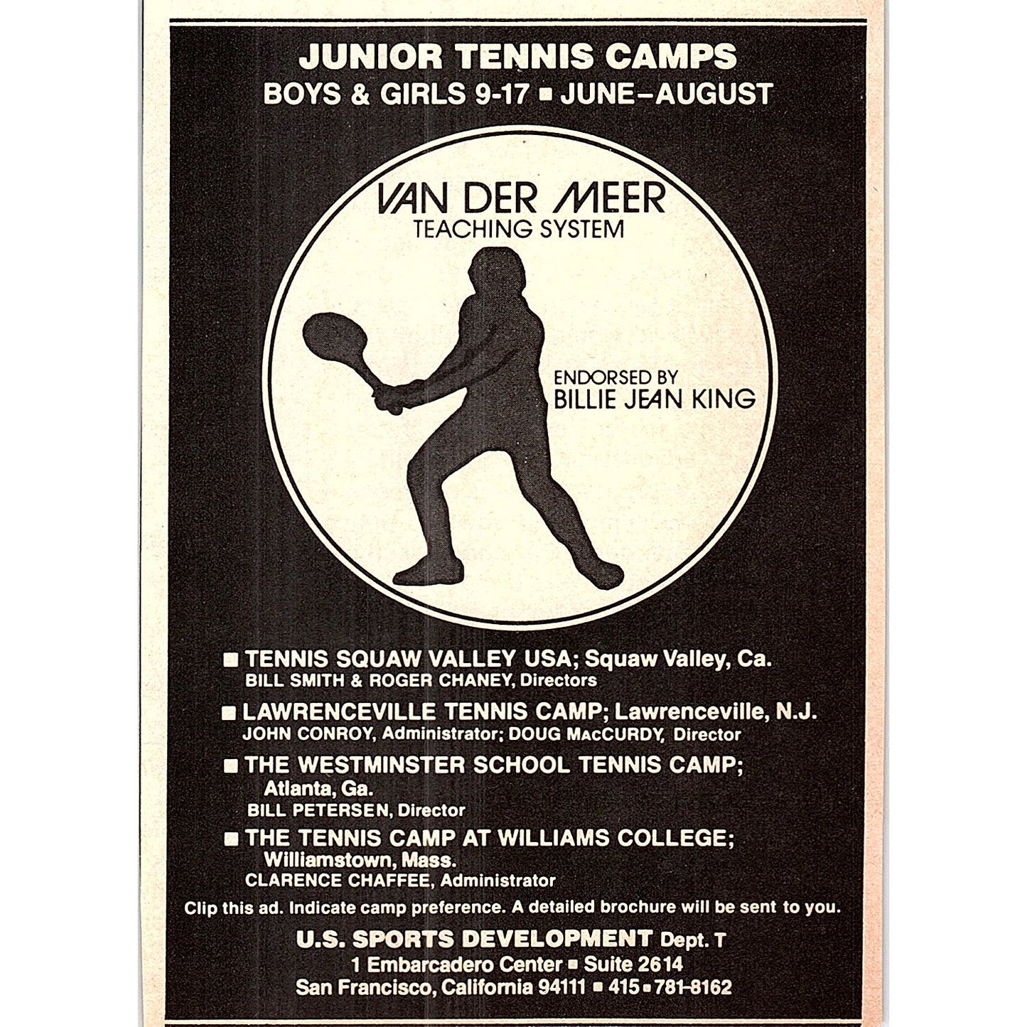 Van Der Meer Tennis Teaching System Tennis Camps Billie Jean King 1977 Ad AF3-M1