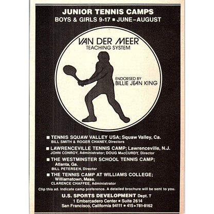 Van Der Meer Tennis Teaching System Tennis Camps Billie Jean King 1977 Ad AF3-M1