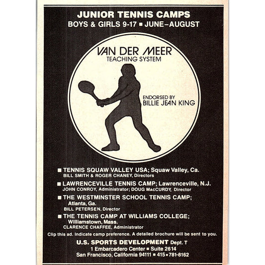 Van Der Meer Tennis Teaching System Tennis Camps Billie Jean King 1977 Ad AF3-M1