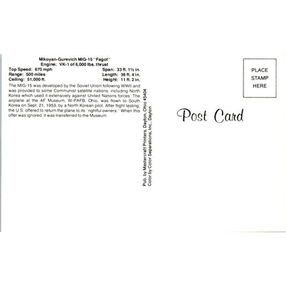 Mikoyab-Guervich MIG-15 Fagot Vintage Postcard TG8-PC