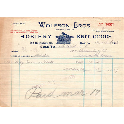 Wolfson Bros Hosiery Boston 1923 Original Billhead Letterhead Receipt D8-LL