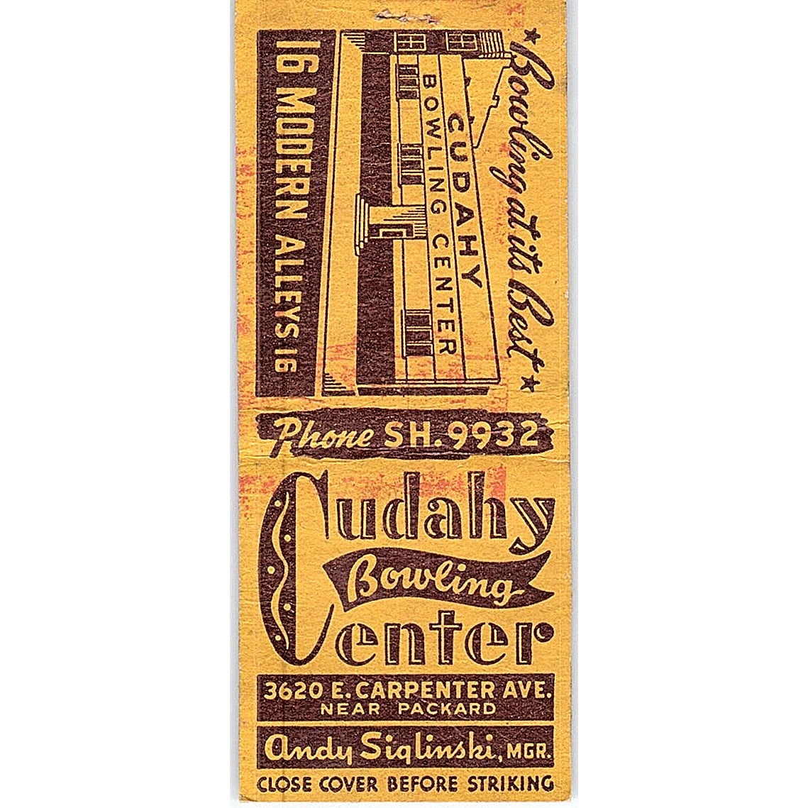 Cudahy Bowling Center Andy Siglinski Packard Vintage Matchbook Cover SF3-Y7