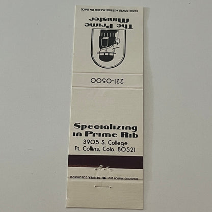 The Prime Minister Prime Rib Restaurant Ft Collins CO Matchbook Cover TB6-MB2-4