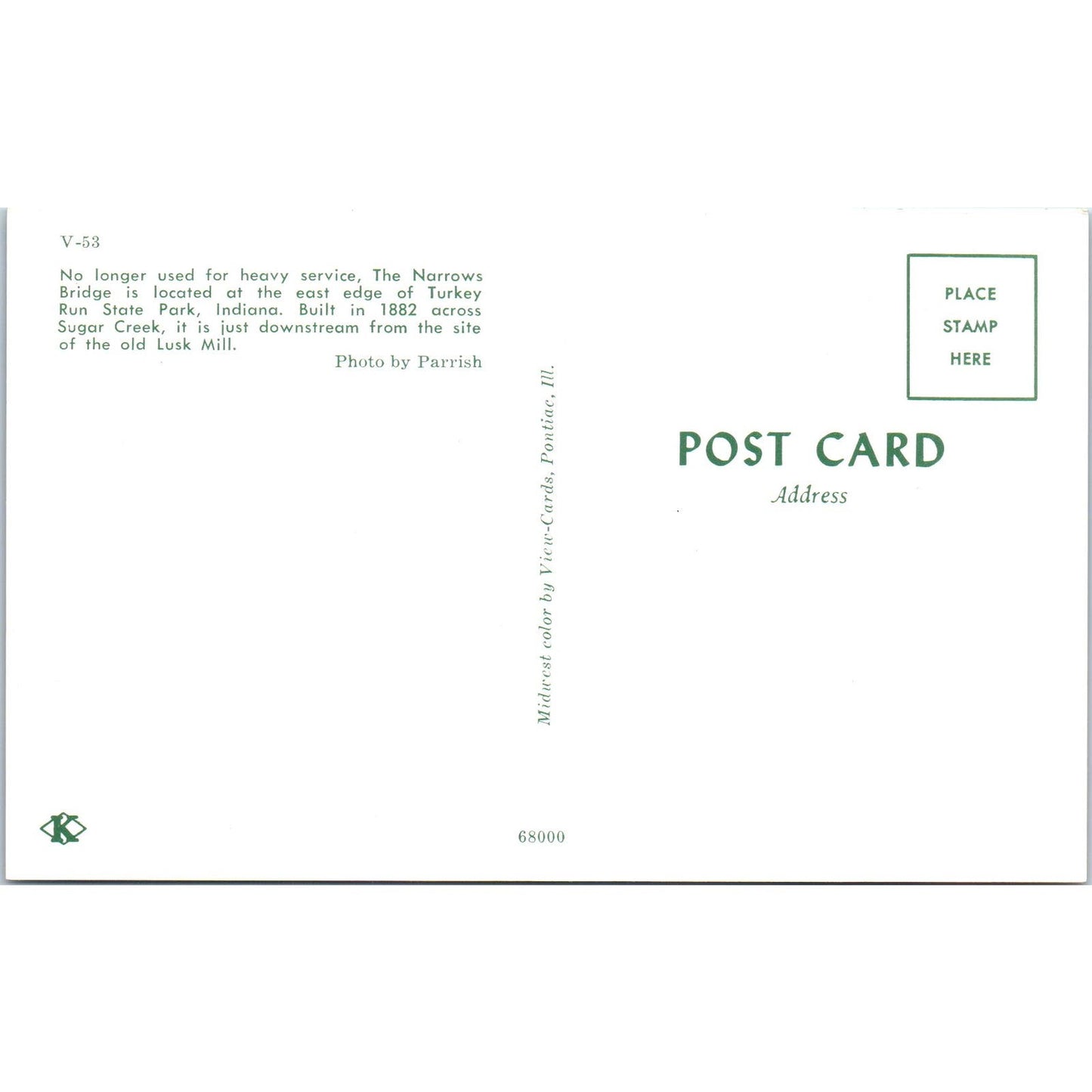 Narrows Bridge Sugar Creek Indiana Vintage Covered Bridge Postcard PD1