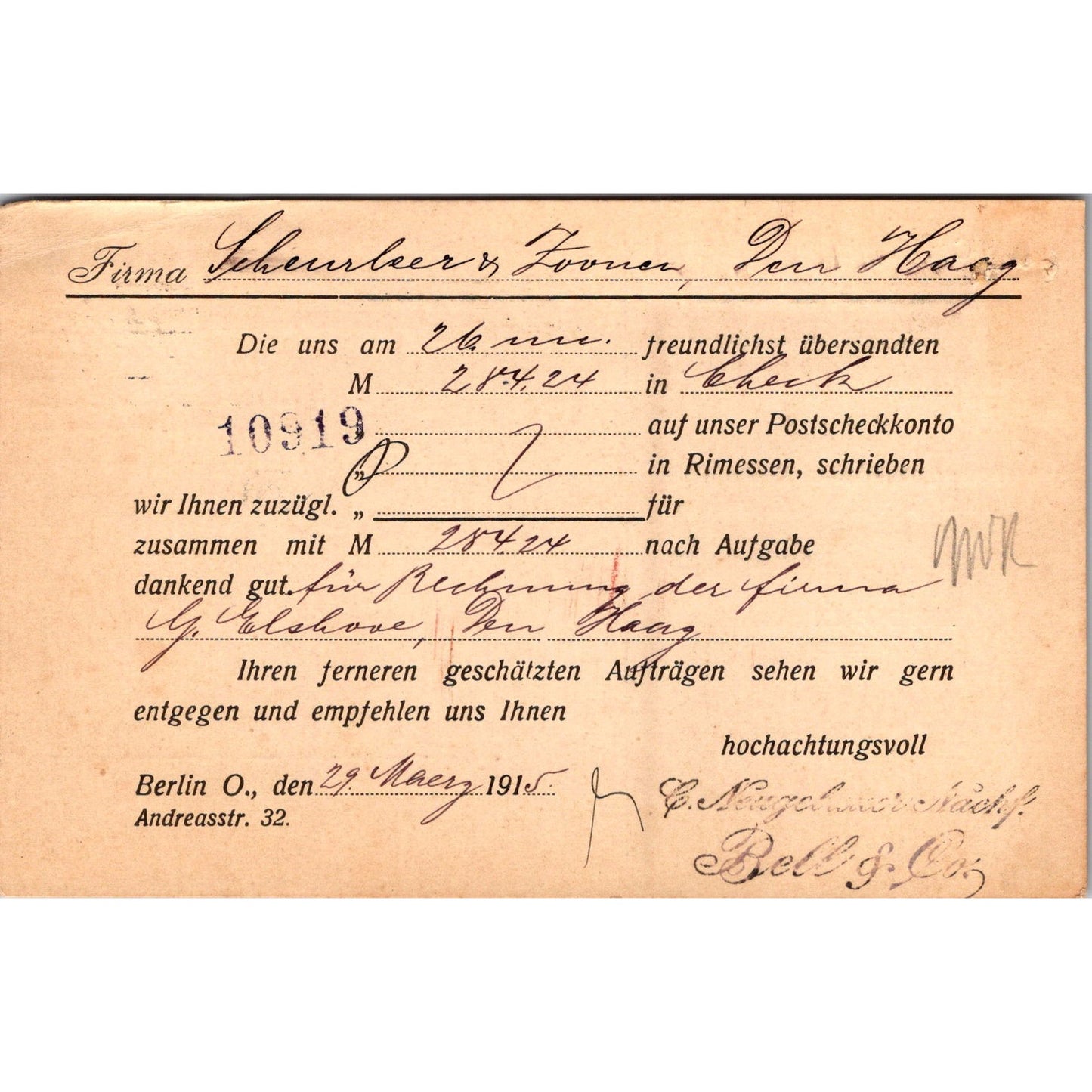 C. Neugebauer Bell & Co Berlin O. Andreasstr 1915 German Reich Postcard TE2-GRQ