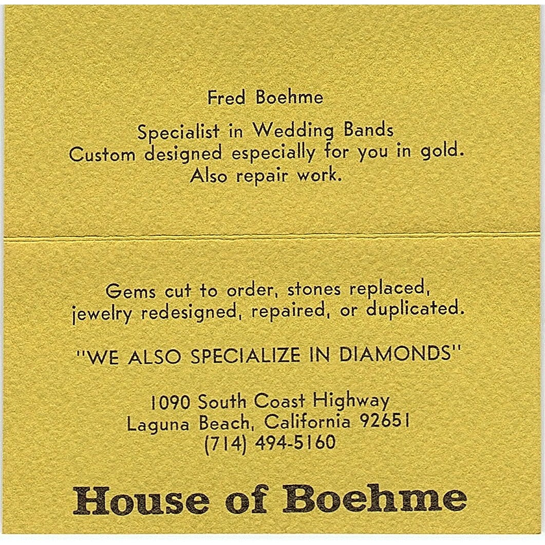 House Of Boehme Fred Boehme Laguna Beach CA Vintage Business Card SB4-B10