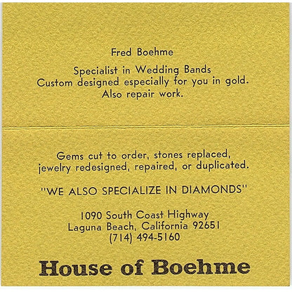 House Of Boehme Fred Boehme Laguna Beach CA Vintage Business Card SB4-B10