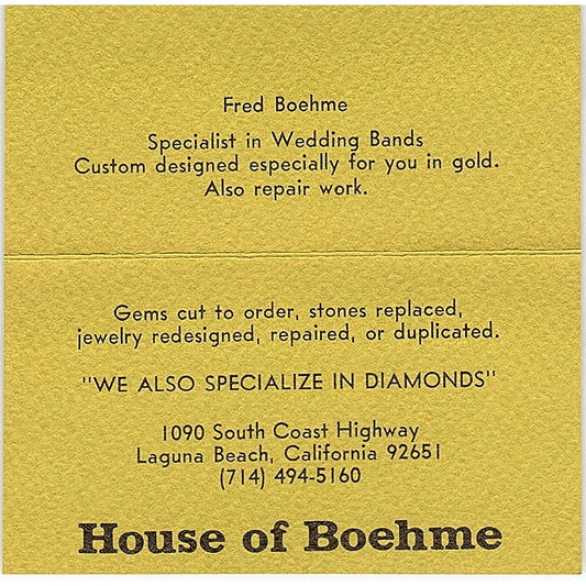 House Of Boehme Fred Boehme Laguna Beach CA Vintage Business Card SB4-B10