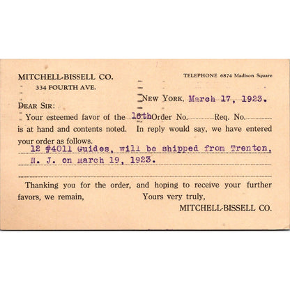 Mitchell-Bissell Co 334 4th Ave 1923 Postal Mailing Card AK1-M3