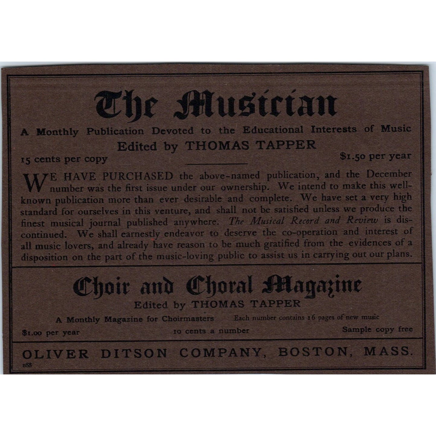 The Musician Choral Magazine Oliver Ditson Boston c1905 Victorian Ad AE9-MA4