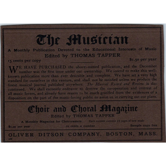 The Musician Choral Magazine Oliver Ditson Boston c1905 Victorian Ad AE9-MA4